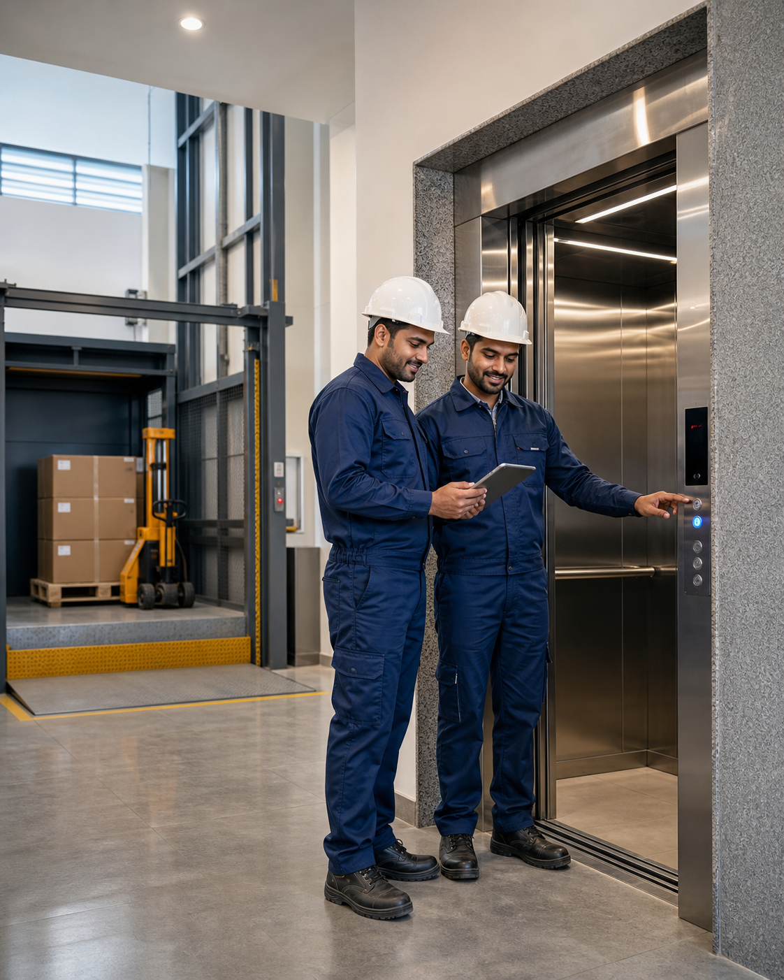 BTI elevator technicians inspecting a modern elevator installation