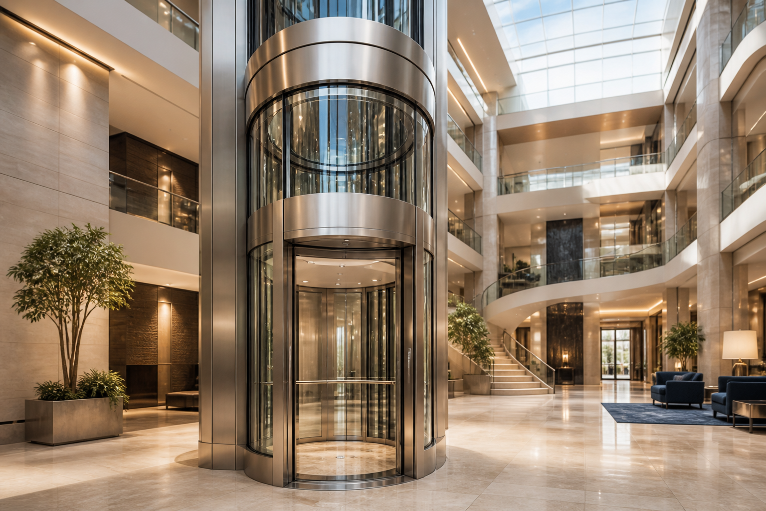 Panoramic capsule elevator in a luxury commercial atrium