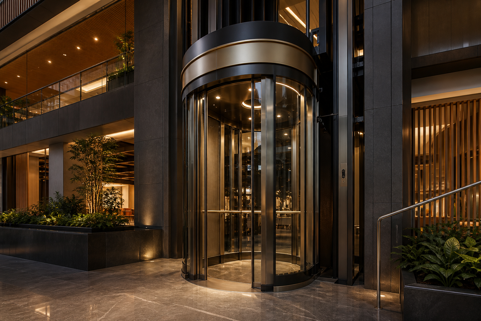 Premium glass capsule elevator in a contemporary atrium