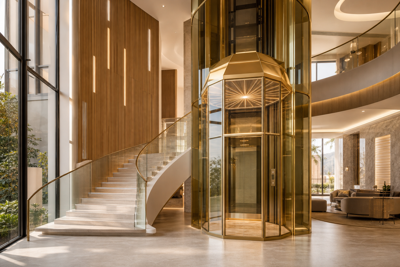Bespoke panoramic elevator integrated into luxury architecture