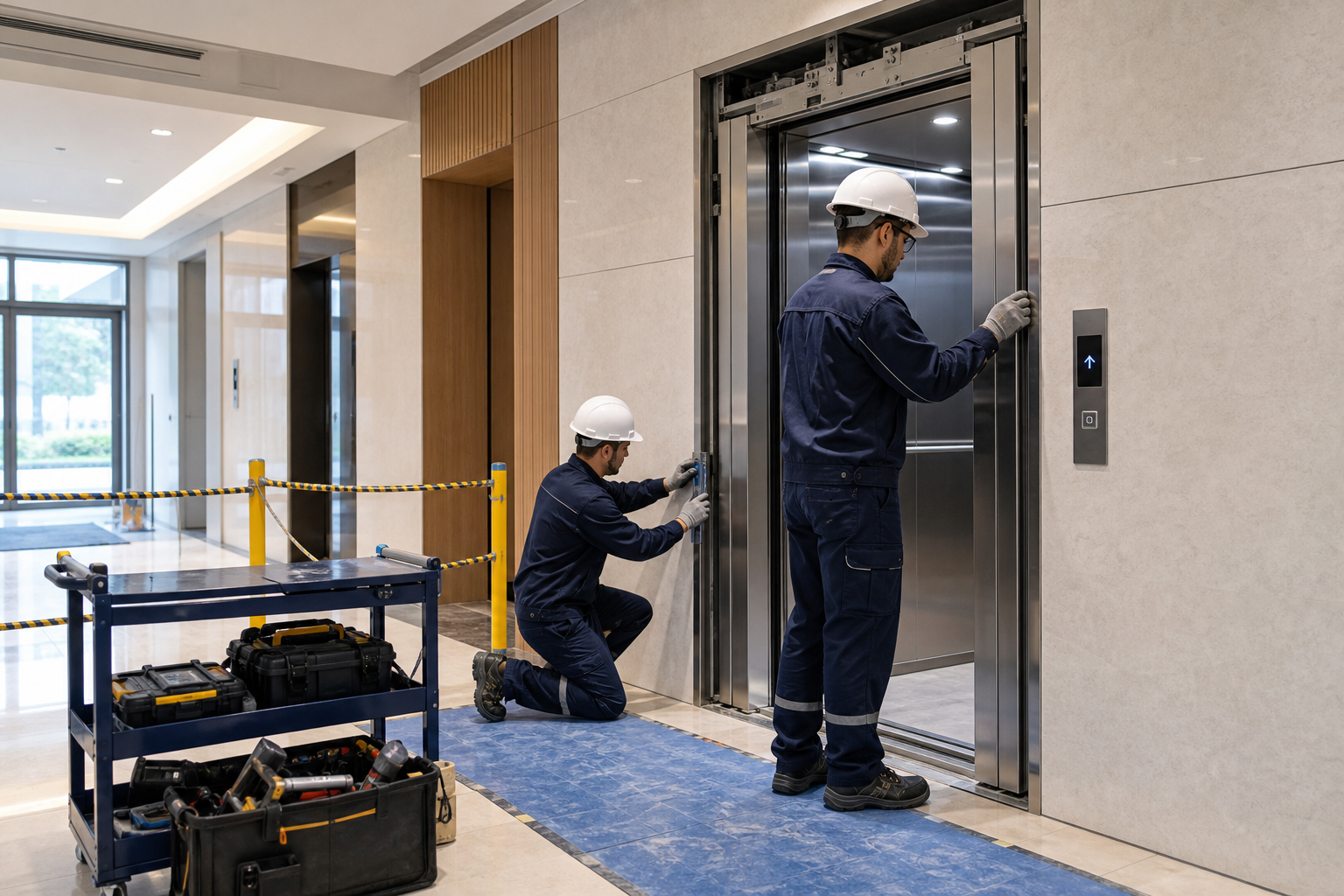 Professional technicians installing a passenger elevator