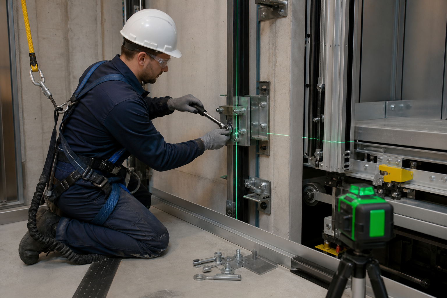 Precision elevator rail and cabin installation