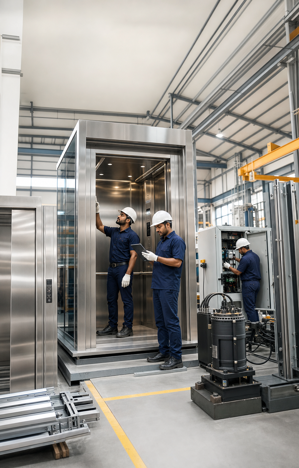 BTI technicians working on elevator equipment in the factory