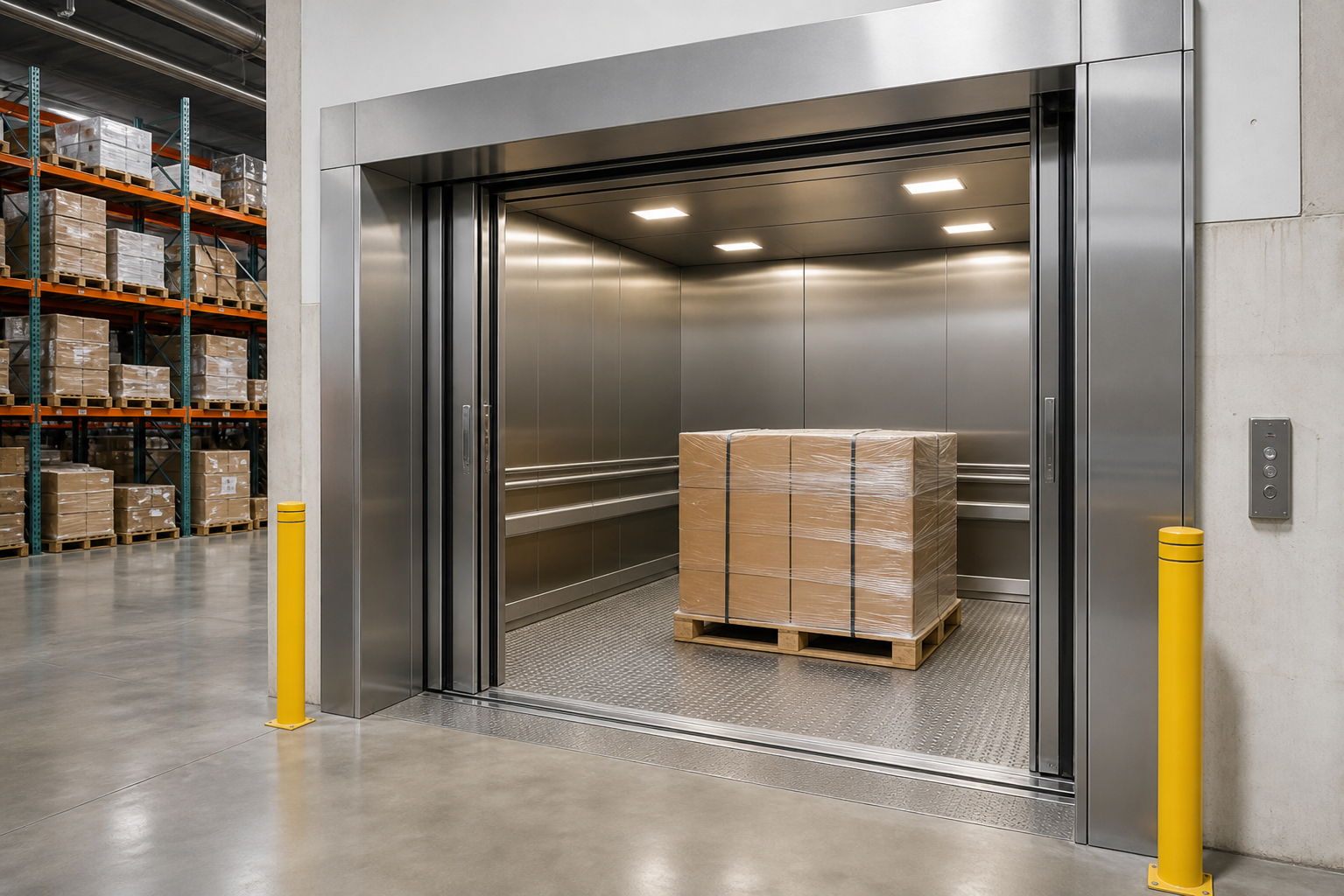 Heavy-duty goods elevator in a modern warehouse