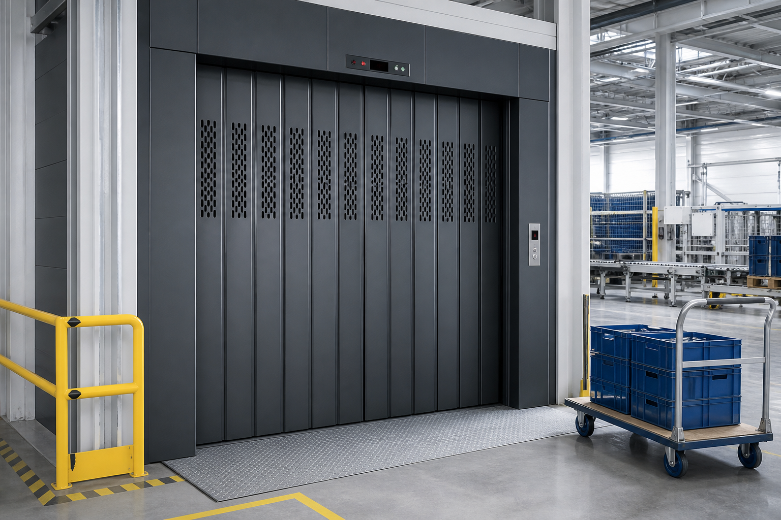 Industrial goods elevator in a manufacturing facility