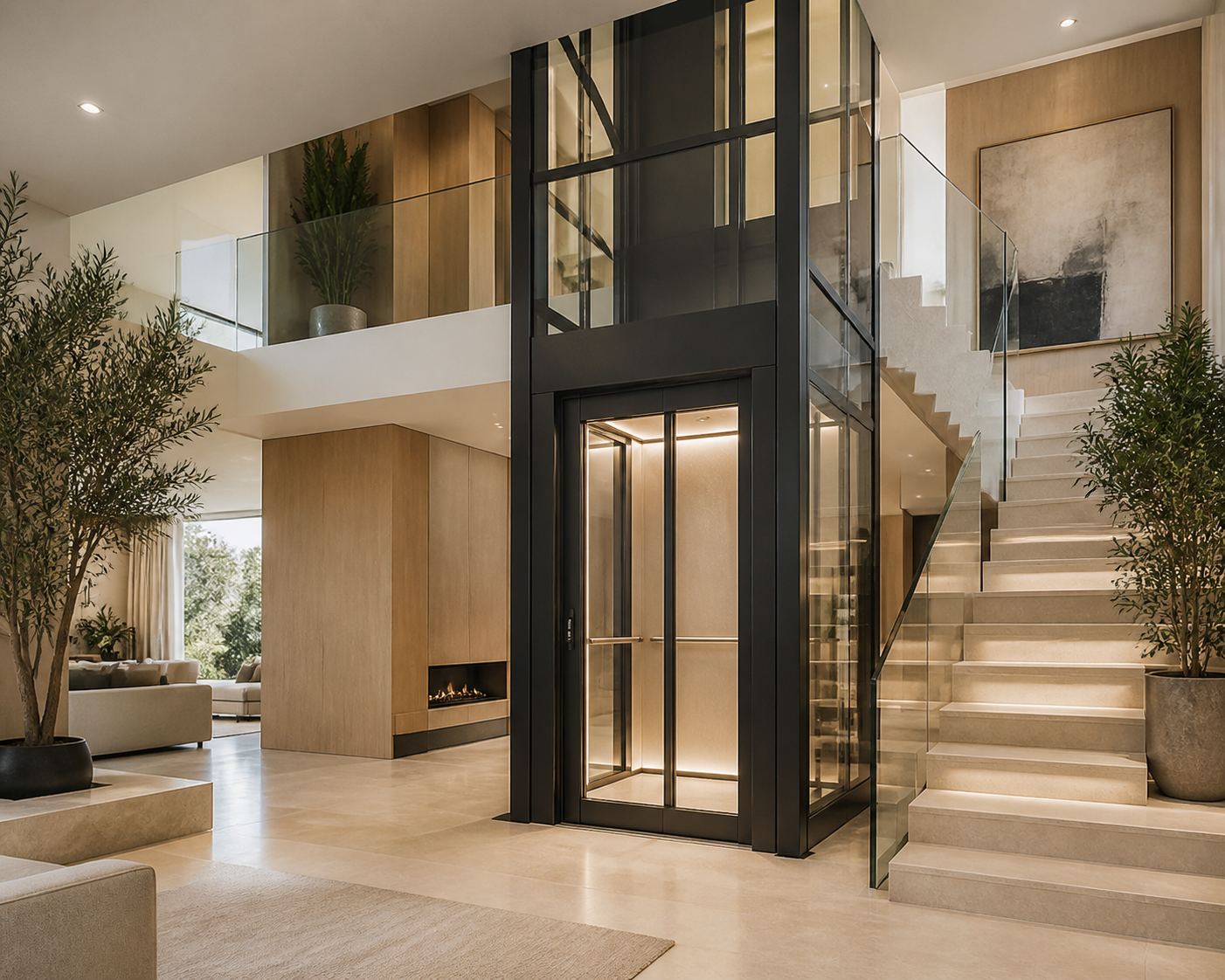 Panoramic glass home elevator in a contemporary villa