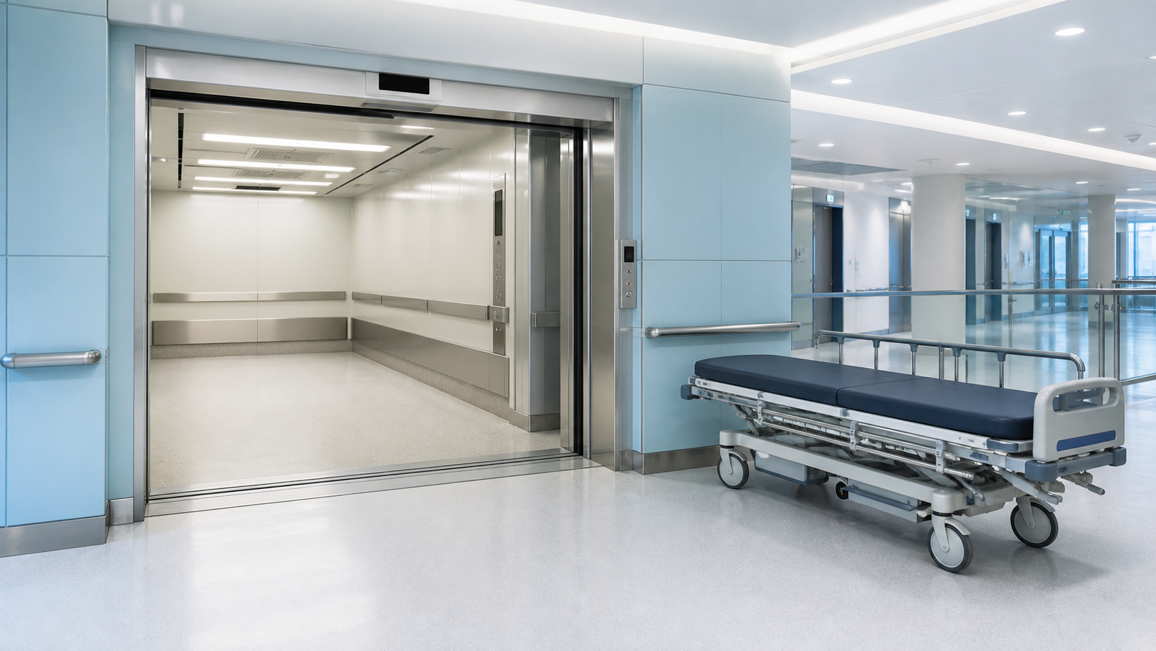 Hospital stretcher elevator in a modern healthcare corridor