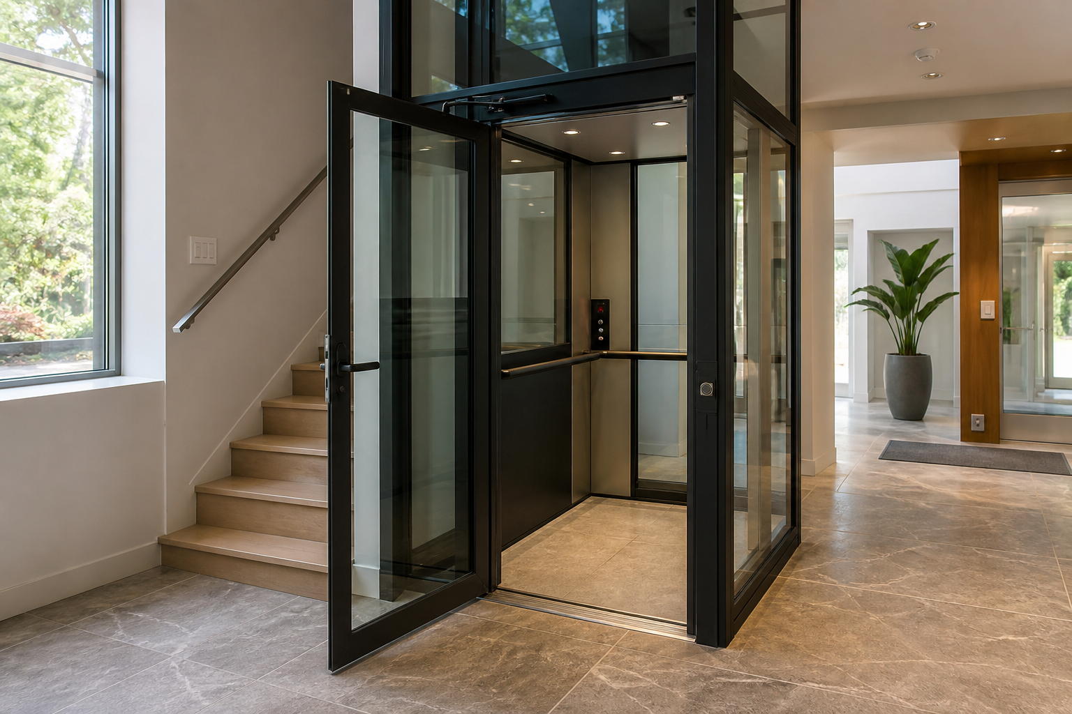 Pitless glass elevator installed beside a staircase