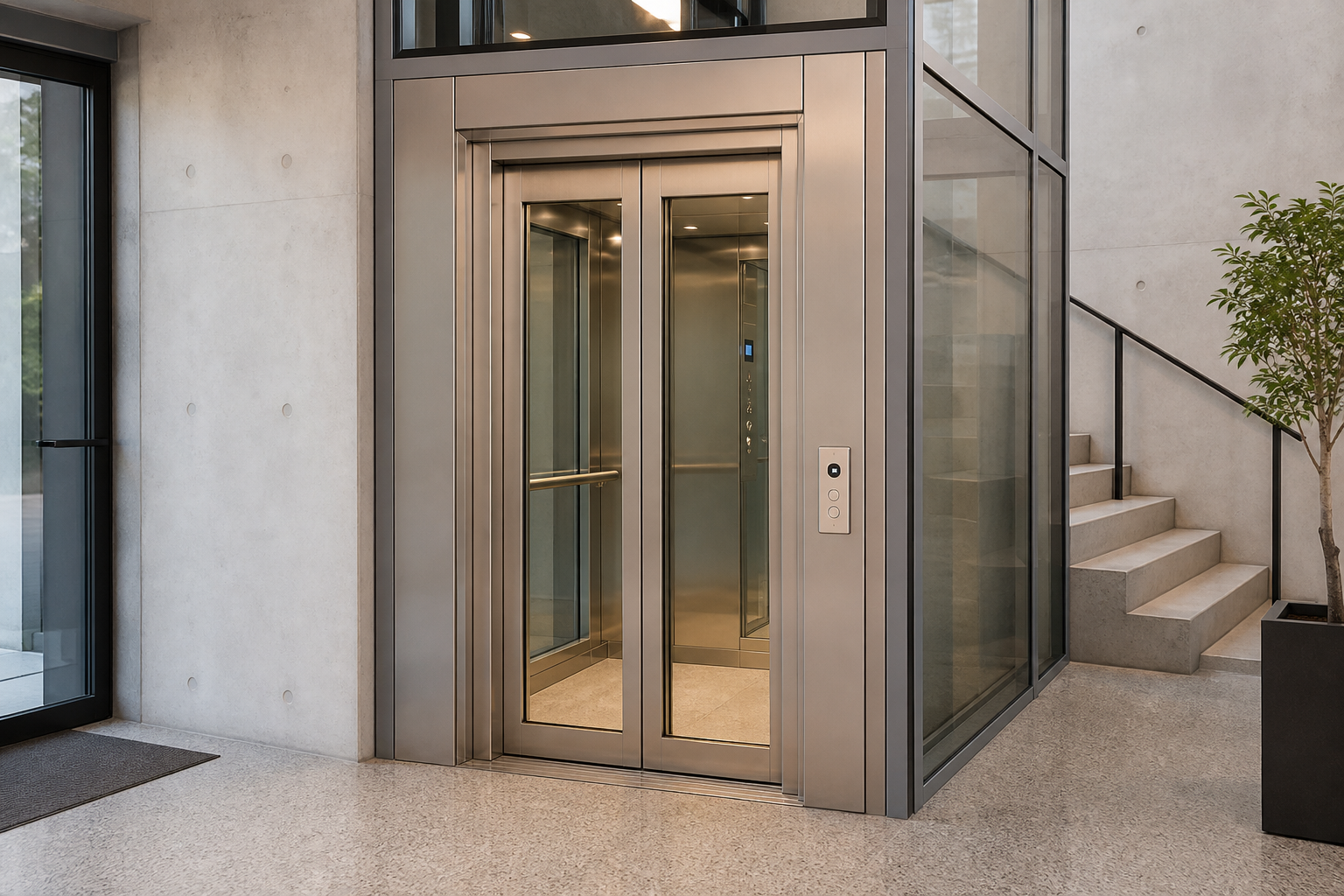 Compact pitless elevator with flush floor access